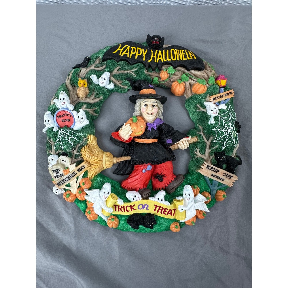 Jaimy Halloween Wreath Resin Witch Ghosts Pumpkins Black Cats‎ Owl Bat 12.5" Vtg